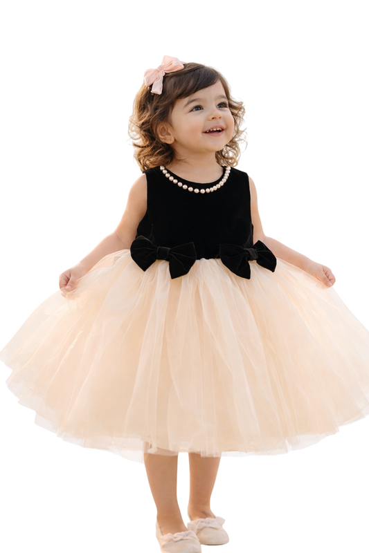 Black & Cream Velvet Pearl Tulle Dress