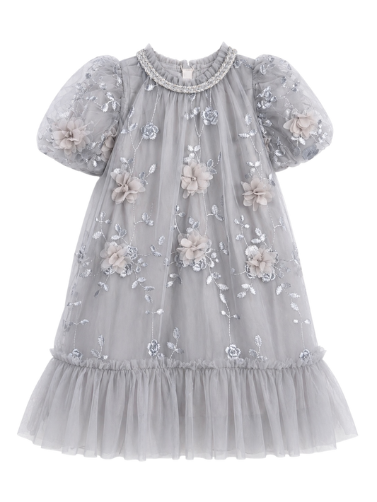 Soft Gray  Blossom Tulle Dress