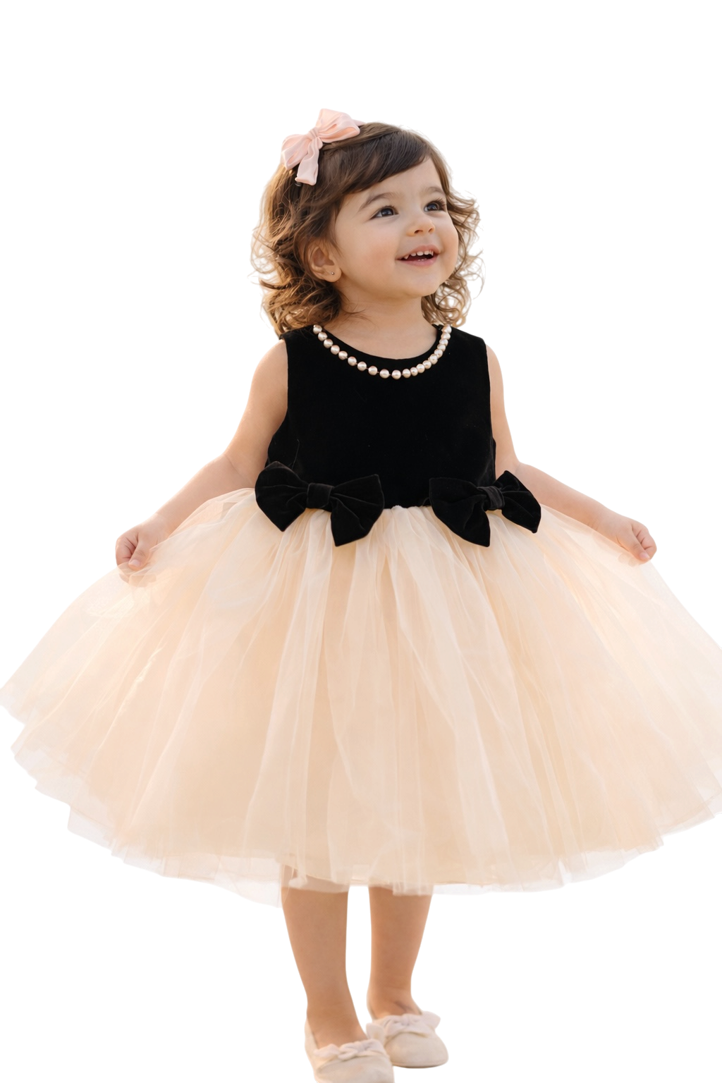 Black & Cream Velvet Pearl Tulle Dress