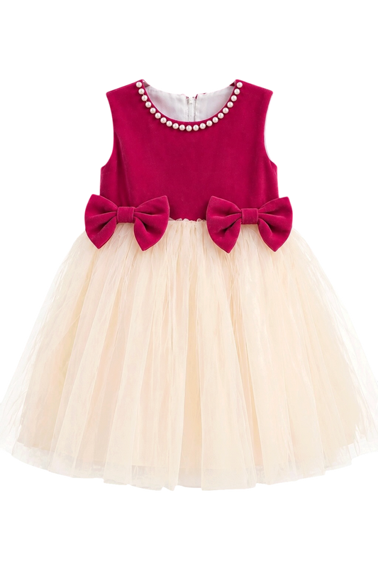 Fuchsia & Cream Velvet Pearl Tulle Dress