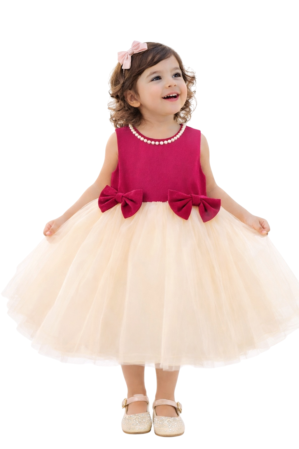 Fuchsia & Cream Velvet Pearl Tulle Dress