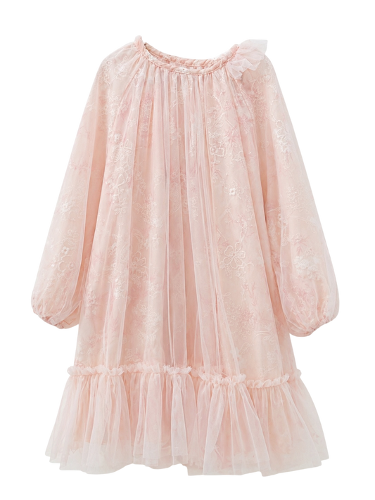 Brown/Pink Embroidery Ruffle Dress
