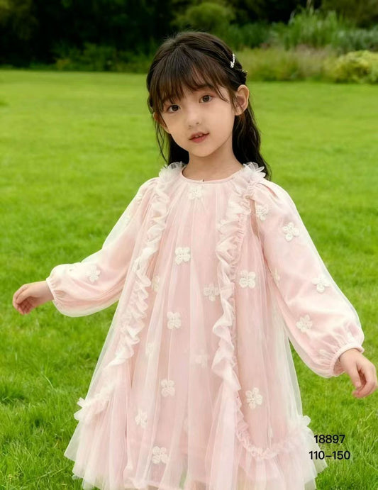 فستان تول مطرز بأكمام طويلة